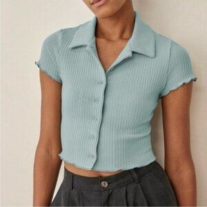 Reformation Neutral Ribbed Collared Button Top Fitted Preppy Academia Feminine